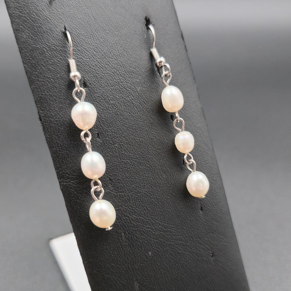 Silver Plated Triple Genuine White Pearl Dangle Earrings A6576